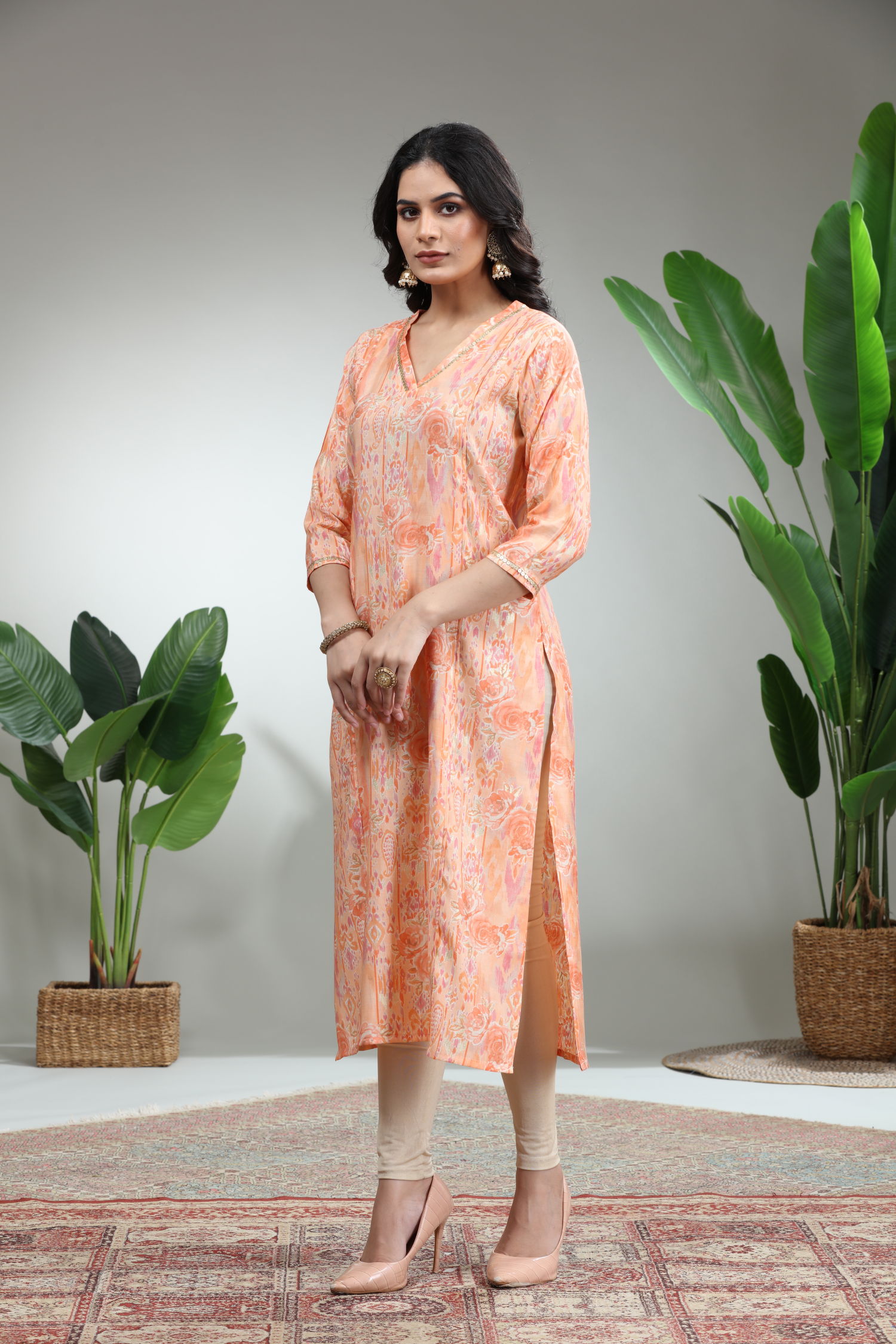 Orange Printed Straight Kurti